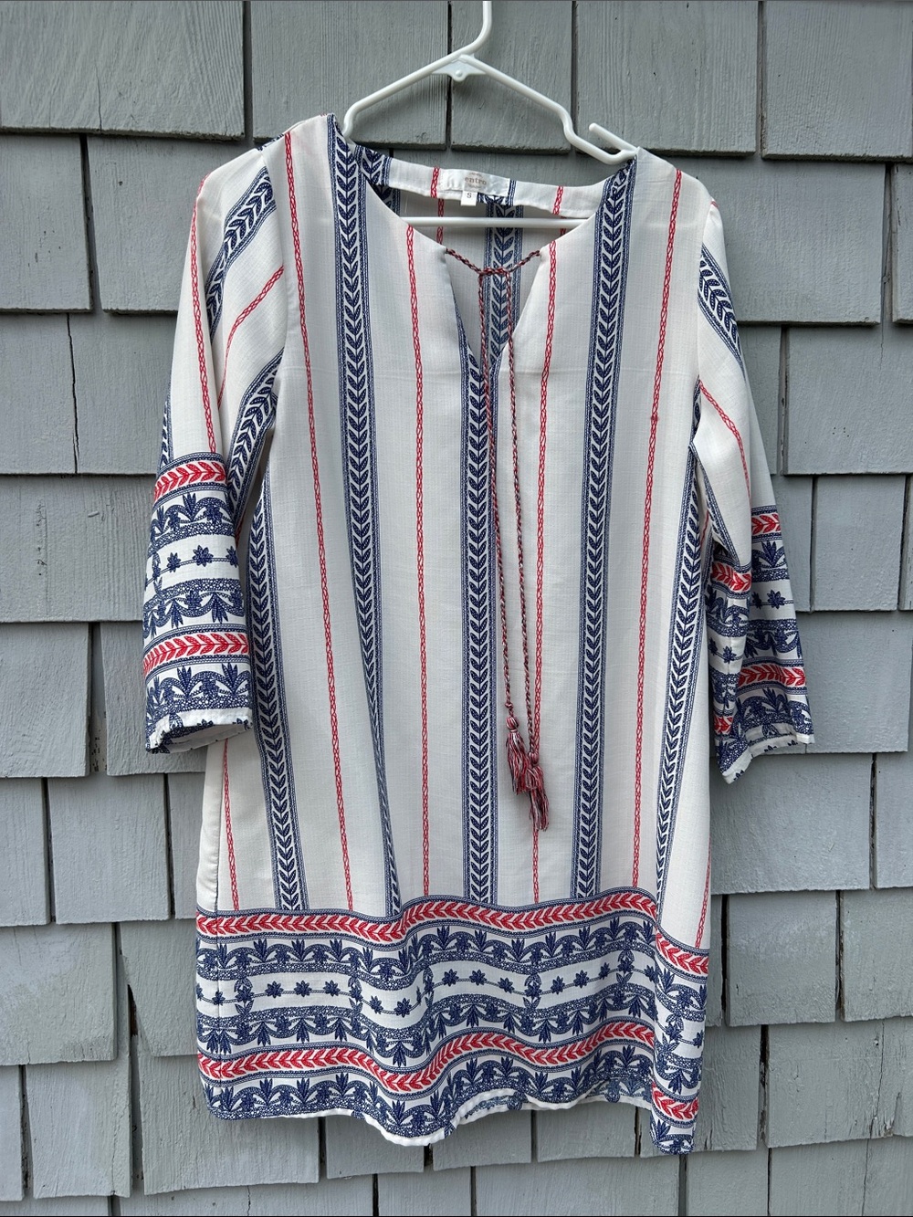 entro White Boho Tunic Dress with Navy & Red Stripes - small